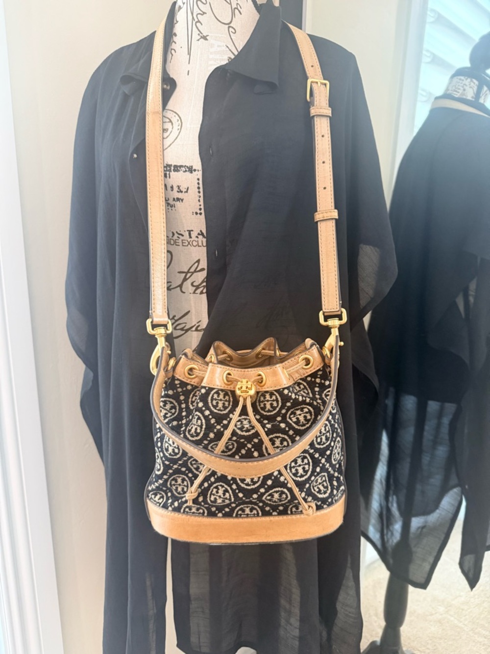 Tory Burch T Monogram Black & Tan Logo Drawstring Crossbody Bucket Bag